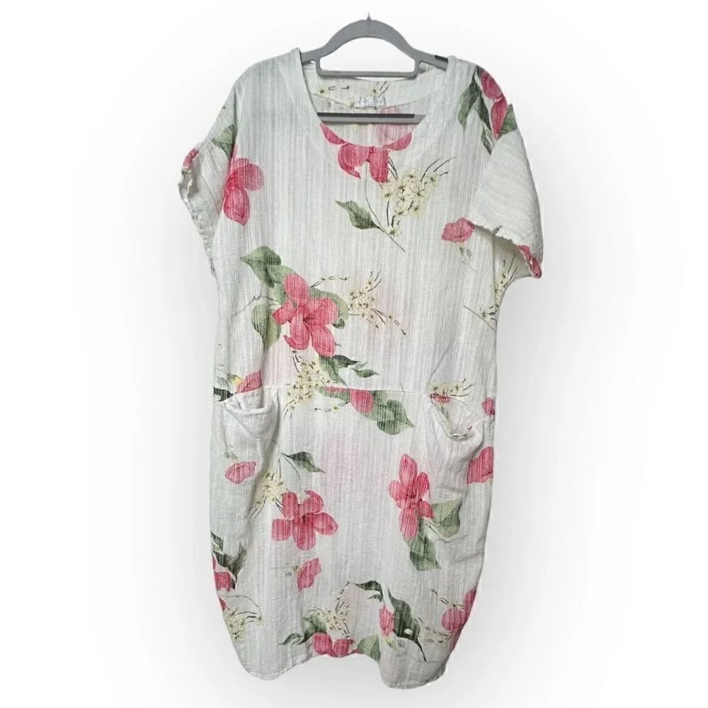 Made In Italy white pink floral Dress line/cotton blend